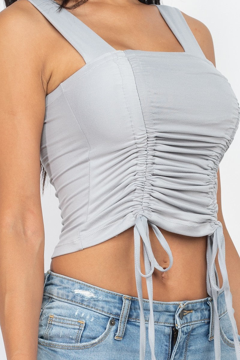 Gray Adjustable Front Ruched With String Square Neck Crop Tops