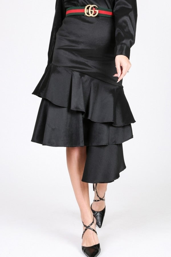 Black Ruffle Bottom Satin Skirt