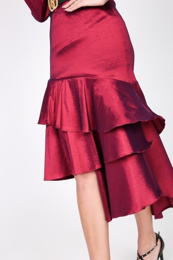 Fuchsia Asymmetrical Ruffle Bottom Satin Skirt