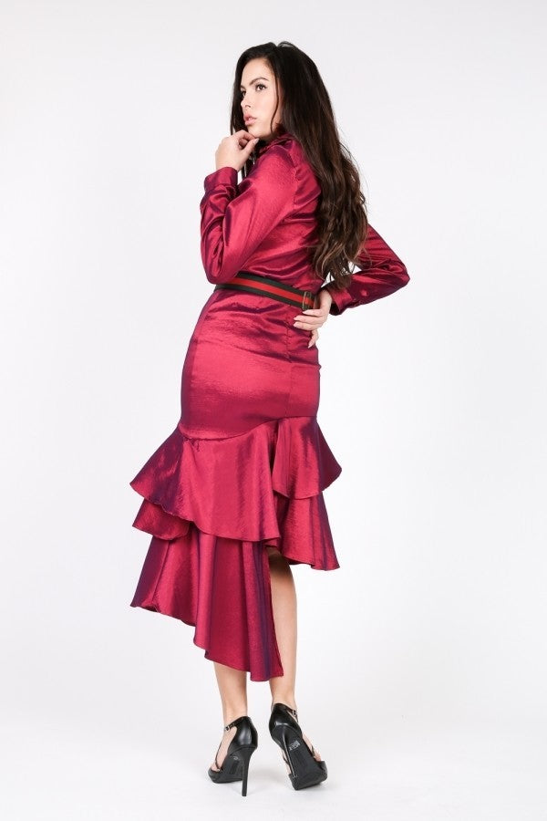 Fuchsia Asymmetrical Ruffle Bottom Satin Skirt