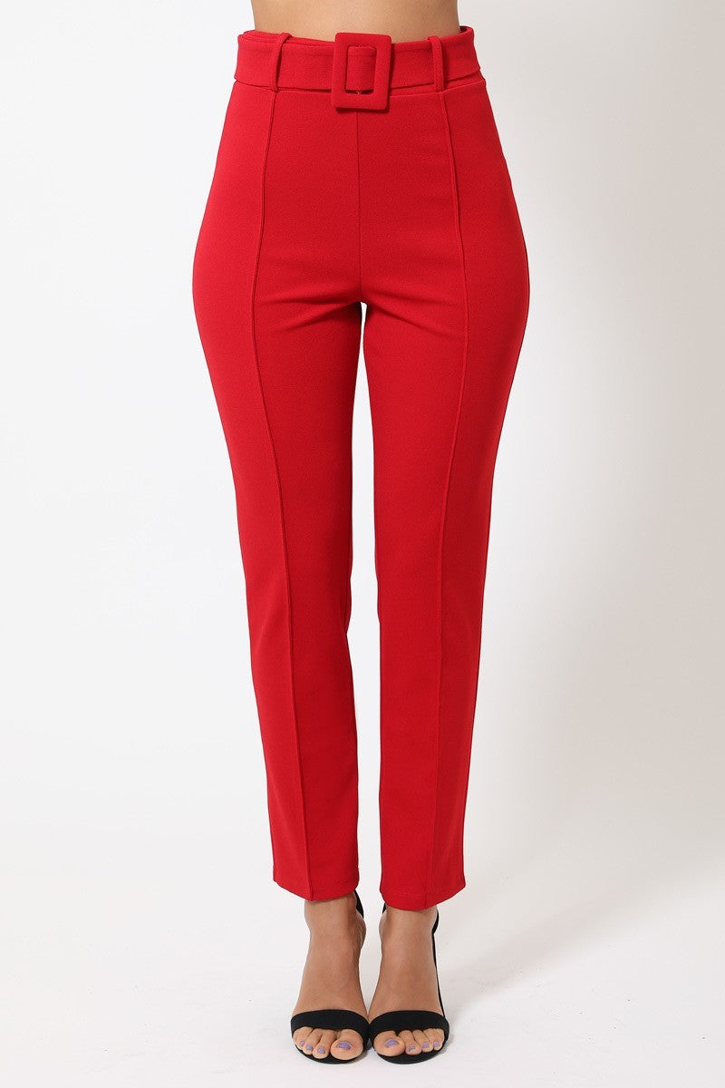 Red Ankle Tapered Self-fabric Buckle Belt Pants