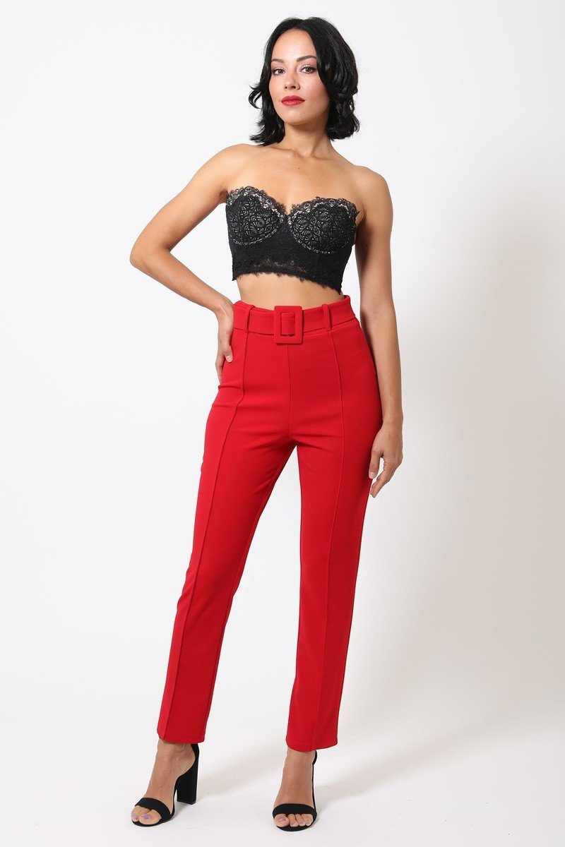 Red Ankle Tapered Self-fabric Buckle Belt Pants