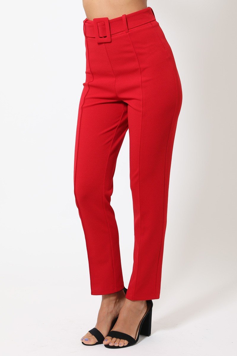 Red Ankle Tapered Self-fabric Buckle Belt Pants