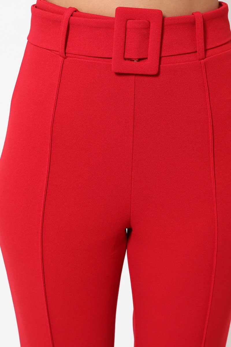 Red Ankle Tapered Self-fabric Buckle Belt Pants