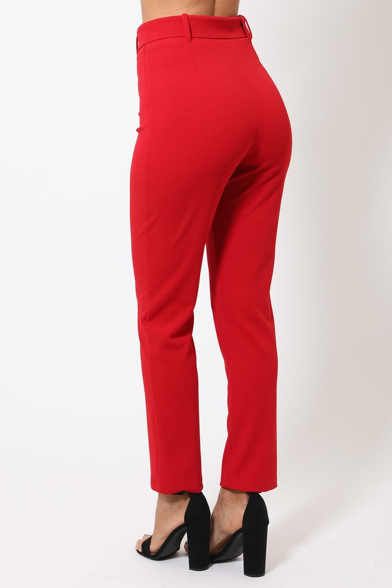 Red Ankle Tapered Self-fabric Buckle Belt Pants