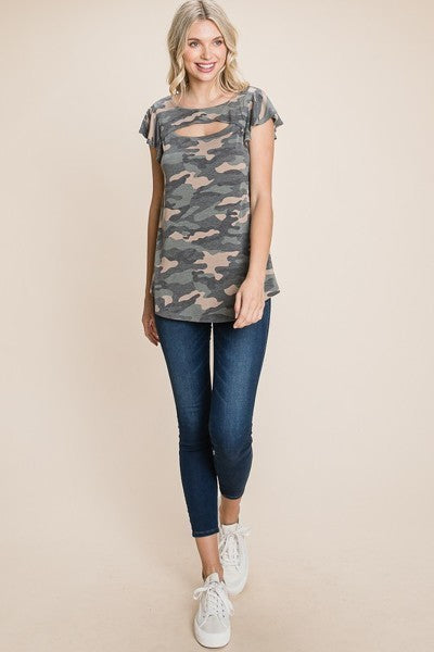 Green Army Camo Printed Cut Out Neckline Short Flutter Sleeves Casual Basic Top