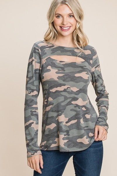 Green Army Camo Printed Cut Out Neckline Long Sleeves Casual Basic Top