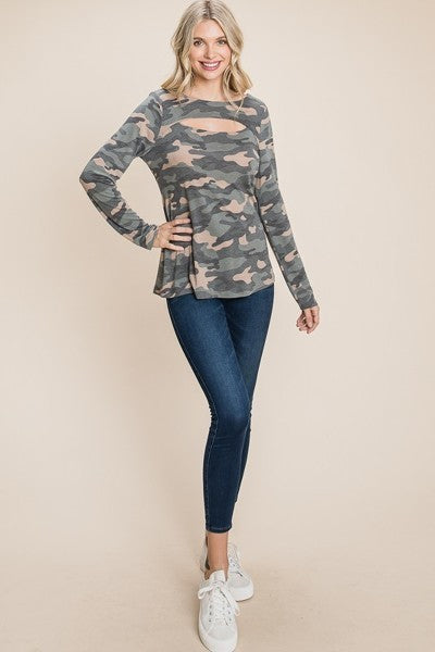 Green Army Camo Printed Cut Out Neckline Long Sleeves Casual Basic Top