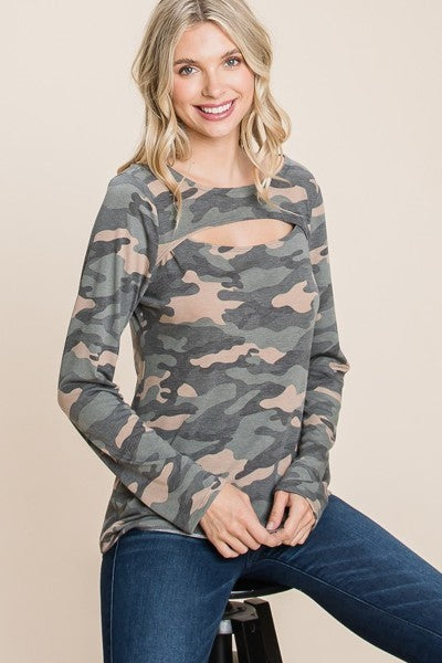 Green Army Camo Printed Cut Out Neckline Long Sleeves Casual Basic Top