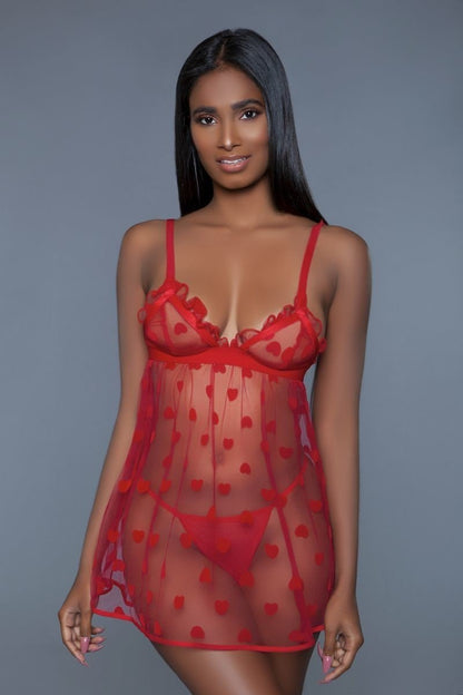 Red Piece Fine Mesh Heart Designed Slip Dress