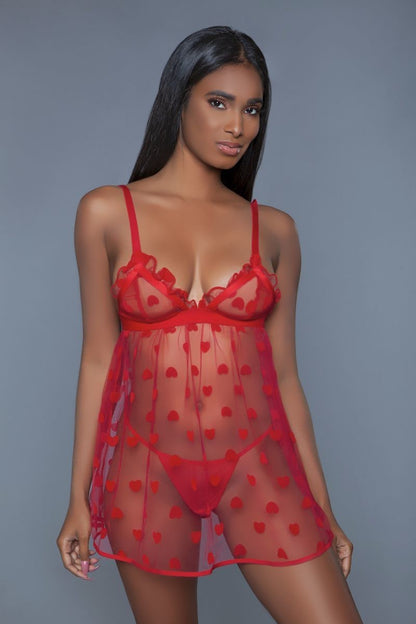 Red Piece Fine Mesh Heart Designed Slip Dress