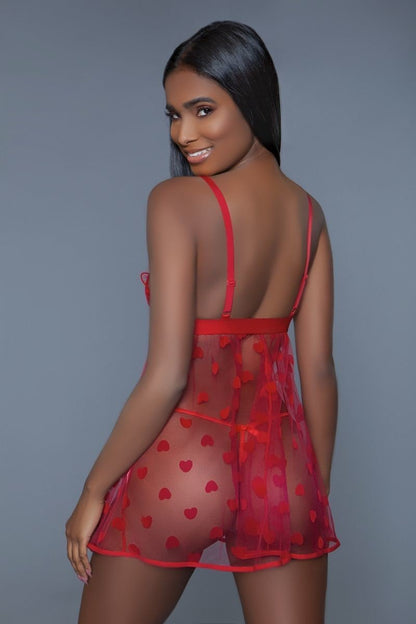 Red Piece Fine Mesh Heart Designed Slip Dress