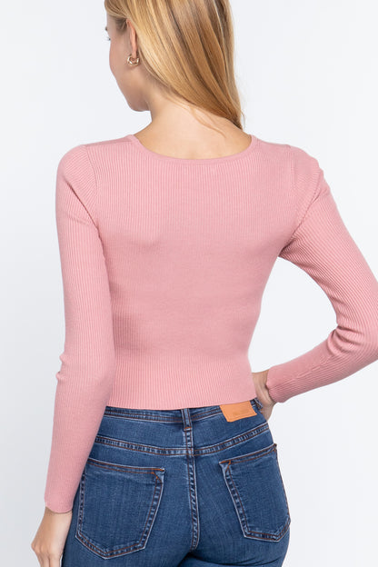 Pink Crew Neck Knotted Crop Sweater