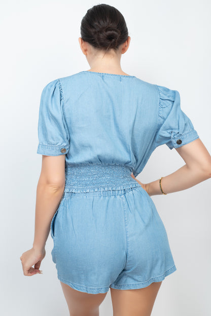 Baby Blue Button-front Denim Top And Shorts Set