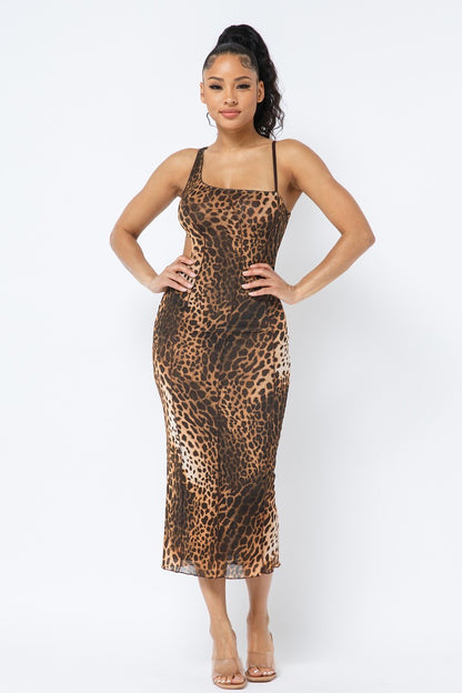 Brown Animal Print Midi Dress With Strap