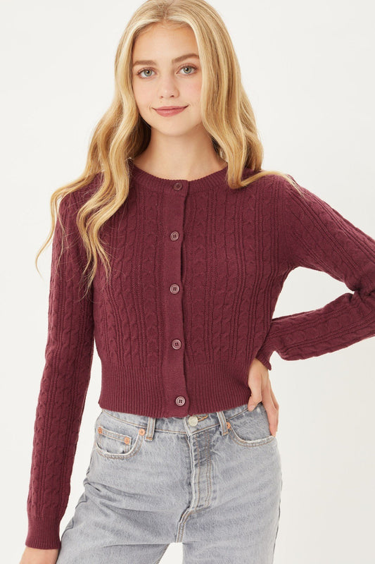 Burgundy bButtoned Cable Knit Cardigan Long Sleeve Sweater