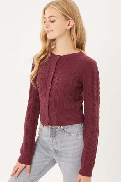 Burgundy bButtoned Cable Knit Cardigan Long Sleeve Sweater