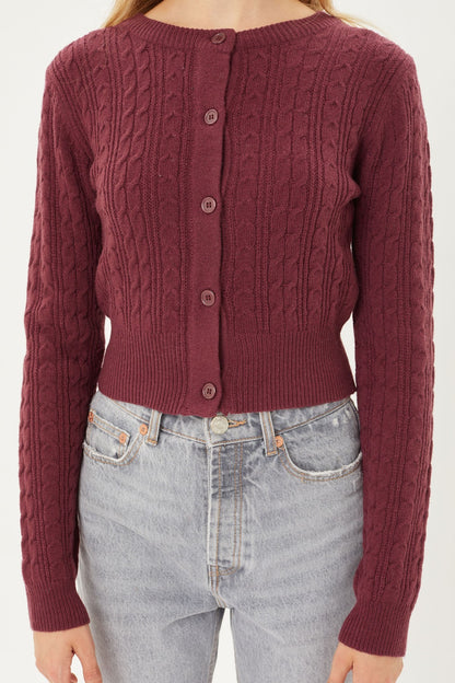 Burgundy bButtoned Cable Knit Cardigan Long Sleeve Sweater