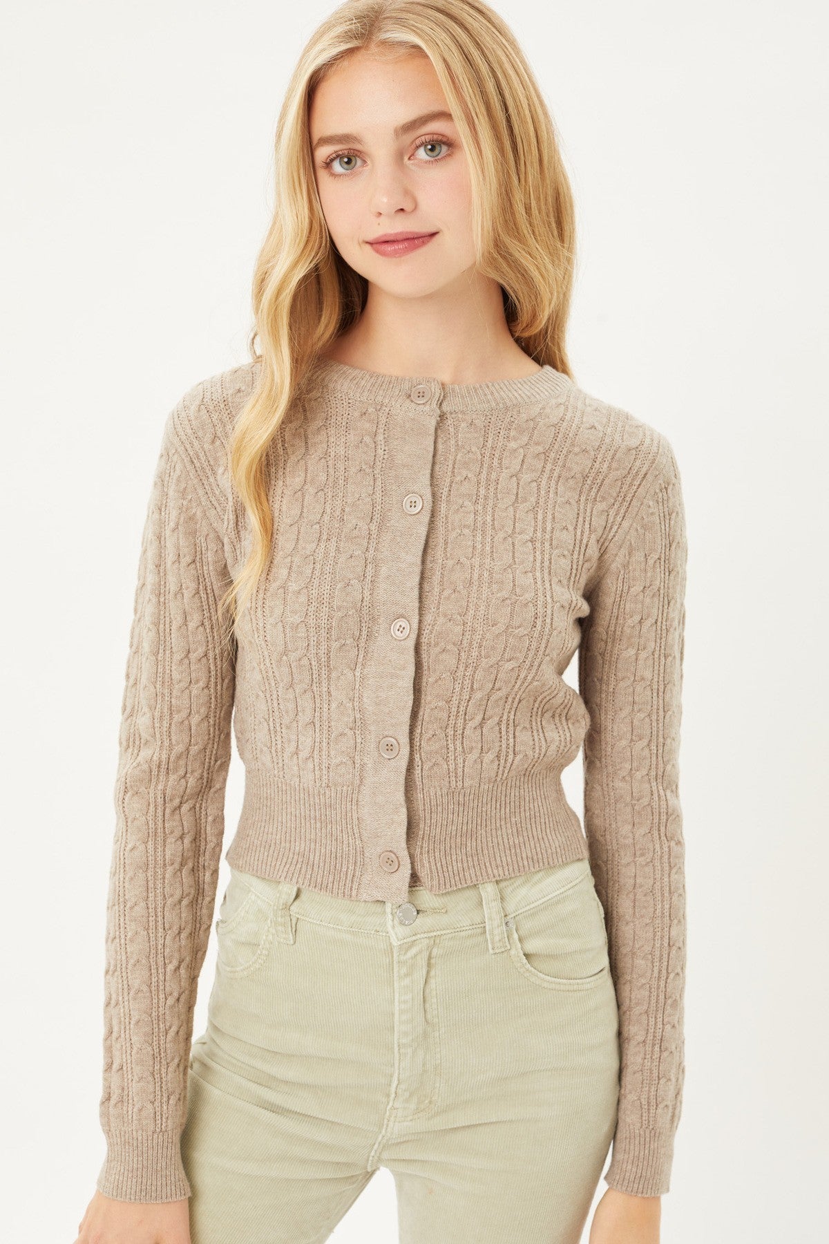 Cream Buttoned Cable Knit Cardigan Long Sleeve Sweater