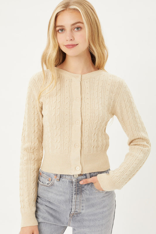 Light Cream Buttoned Cable Knit Cardigan Long Sleeve Sweater