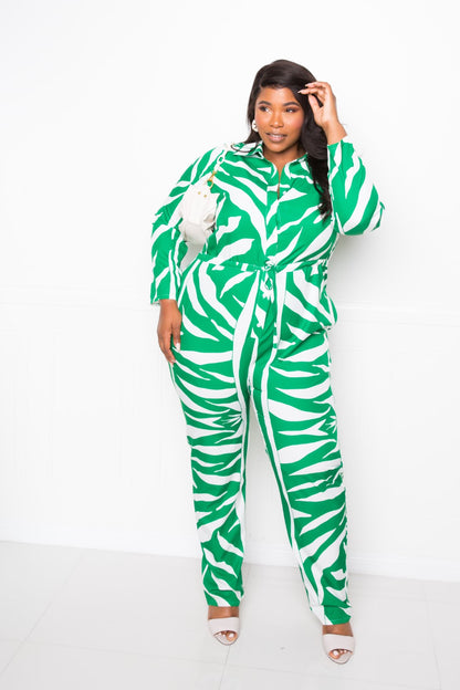 Green Button Up Long Sleeve  Jumpsuit