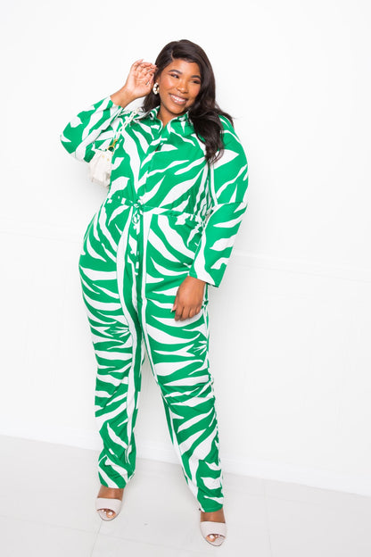 Green Button Up Long Sleeve  Jumpsuit