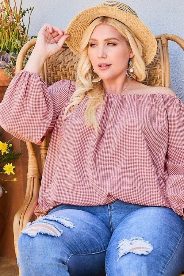 Off Shoulder Long Bubble Sleeve Plaid Top