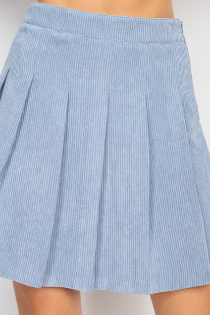 Light Blue line Corduroy Pleated Mini Skirt