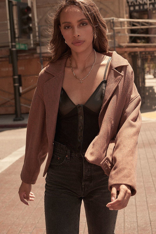 Brown Faux Leather And Lace Camisole Top