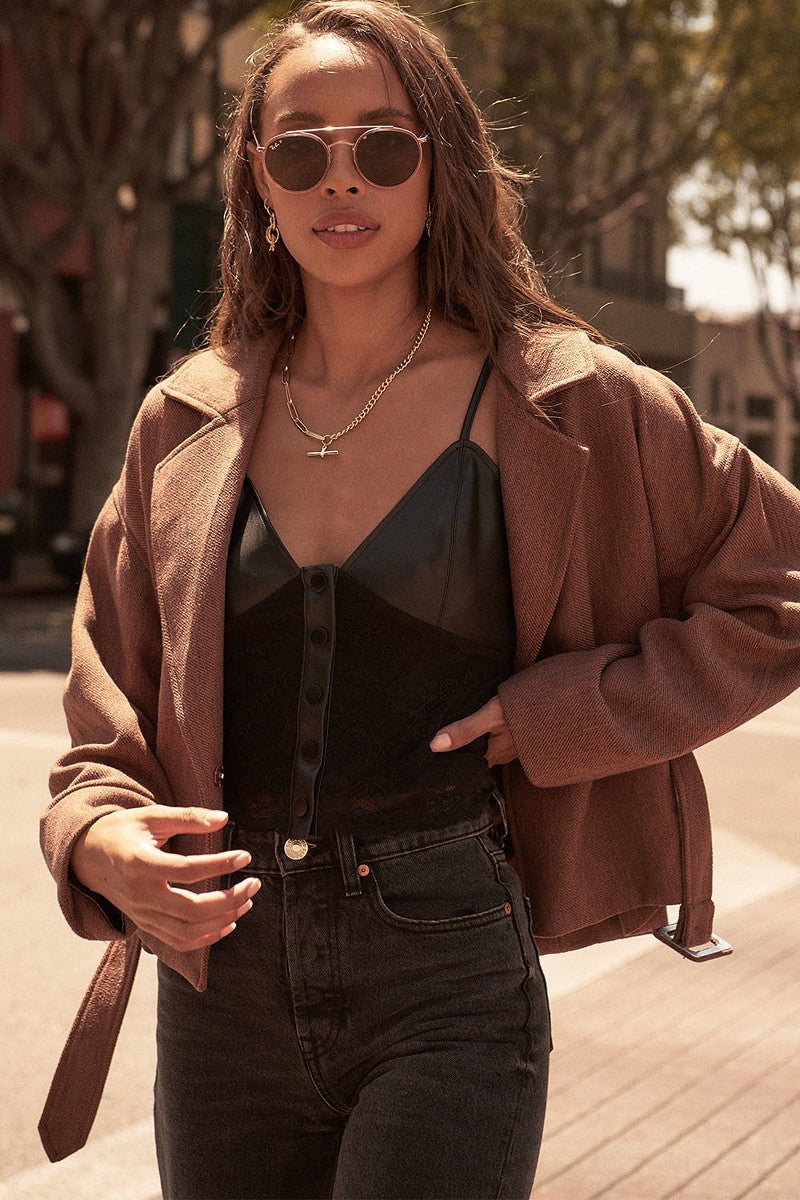 Brown Faux Leather And Lace Camisole Top