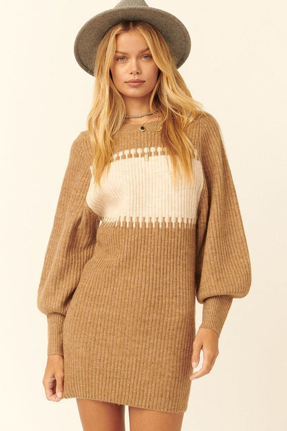 Tan Ribbed Knit Sweater Mini Dress