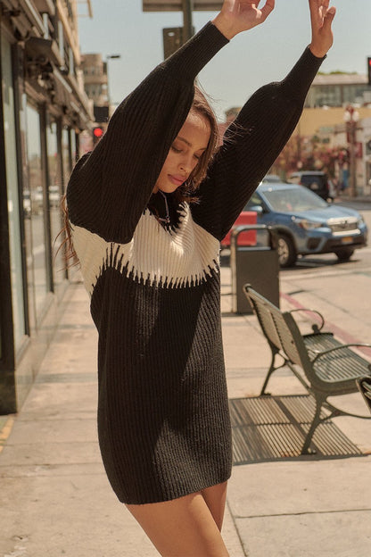 Black Ribbed Knit Sweater Mini Dress