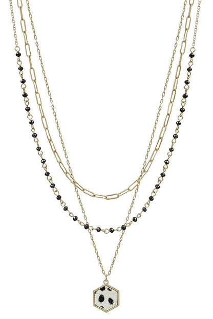 3 Layered Metal Crystal Bead Chain Hexagon Leopard Pendant