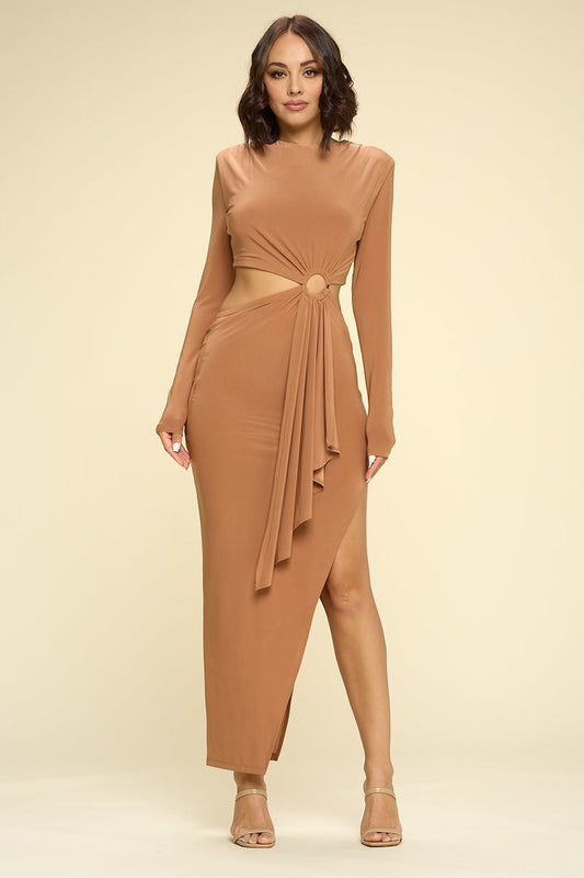 Mocha Bodycon Cut Out Midi Dress