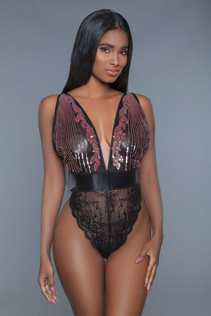 Black Pc Cut-out Lace Bottoms, Sequins Plunging Sheer Neckline