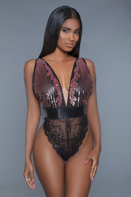 1 Pc Cut-out Lace Bottoms, Sequins Plunging Sheer Neckline