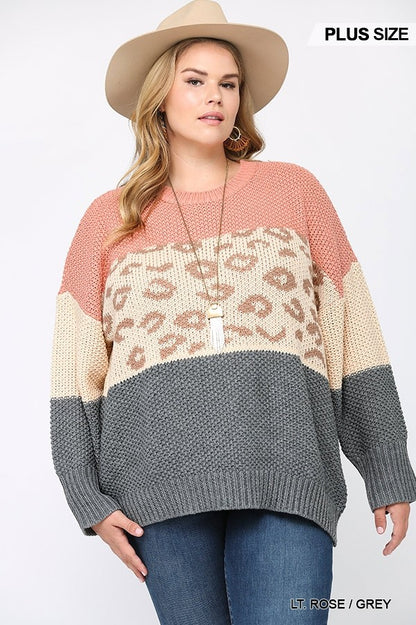 Multi-Grey Color Block And Leopard Pattern Mixed Pullover Sweater