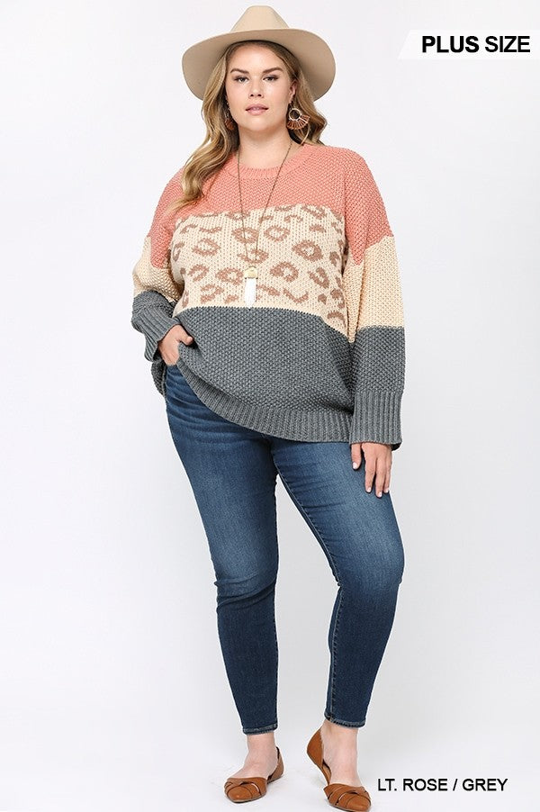 Multi-Grey Color Block And Leopard Pattern Mixed Pullover Sweater
