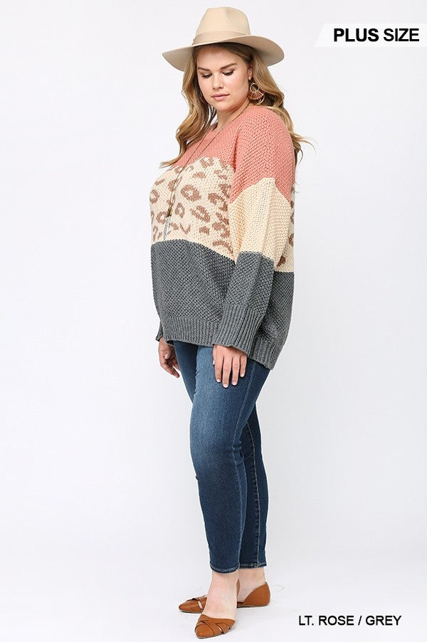 Multi-Grey Color Block And Leopard Pattern Mixed Pullover Sweater