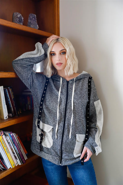 Grey Reversed Details Zip-up Hooded Sweater