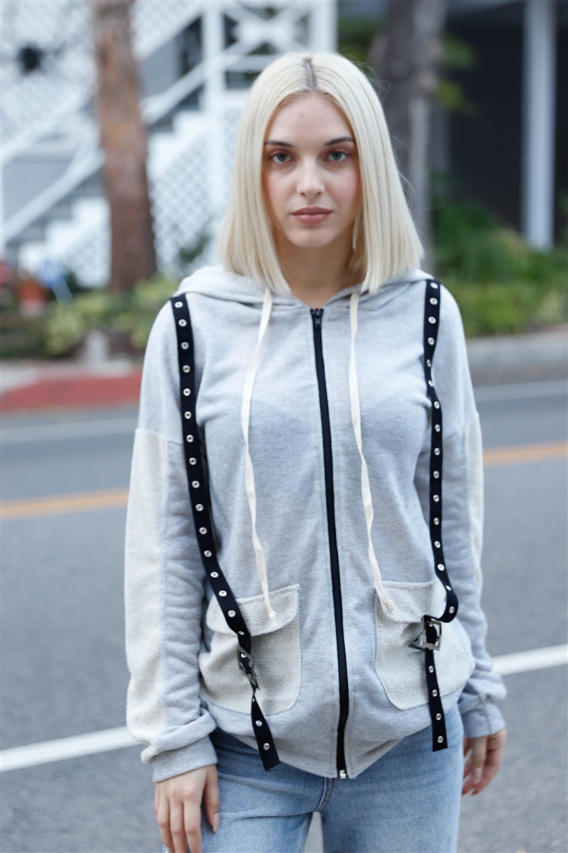 Light Grey Reversed Details Zip-up Hooded Sweater