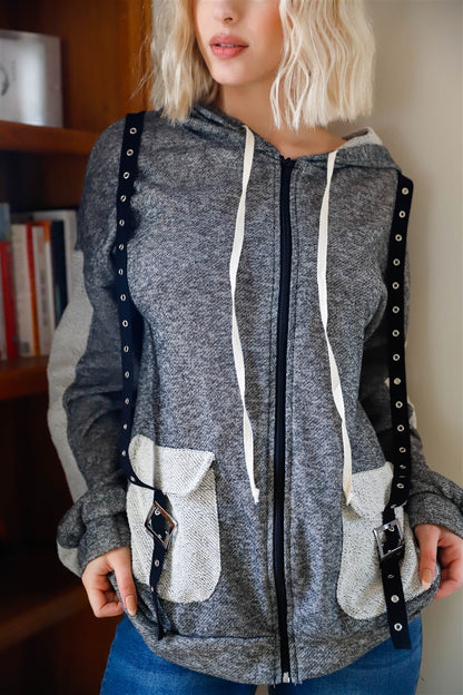 Grey Reversed Details Zip-up Hooded Sweater