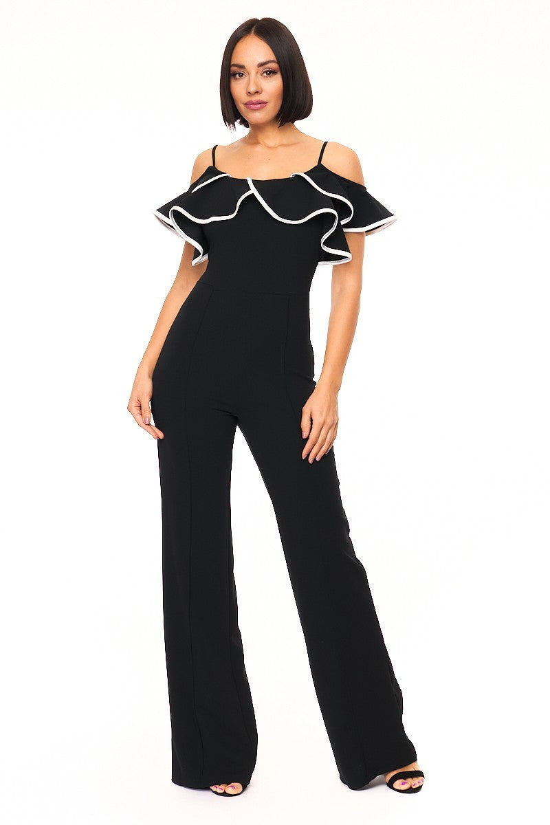 Black Color Block Binding Detailed Fashion Jumpsuit