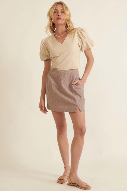 Taupe Waist Pinstripe Mini Skirt