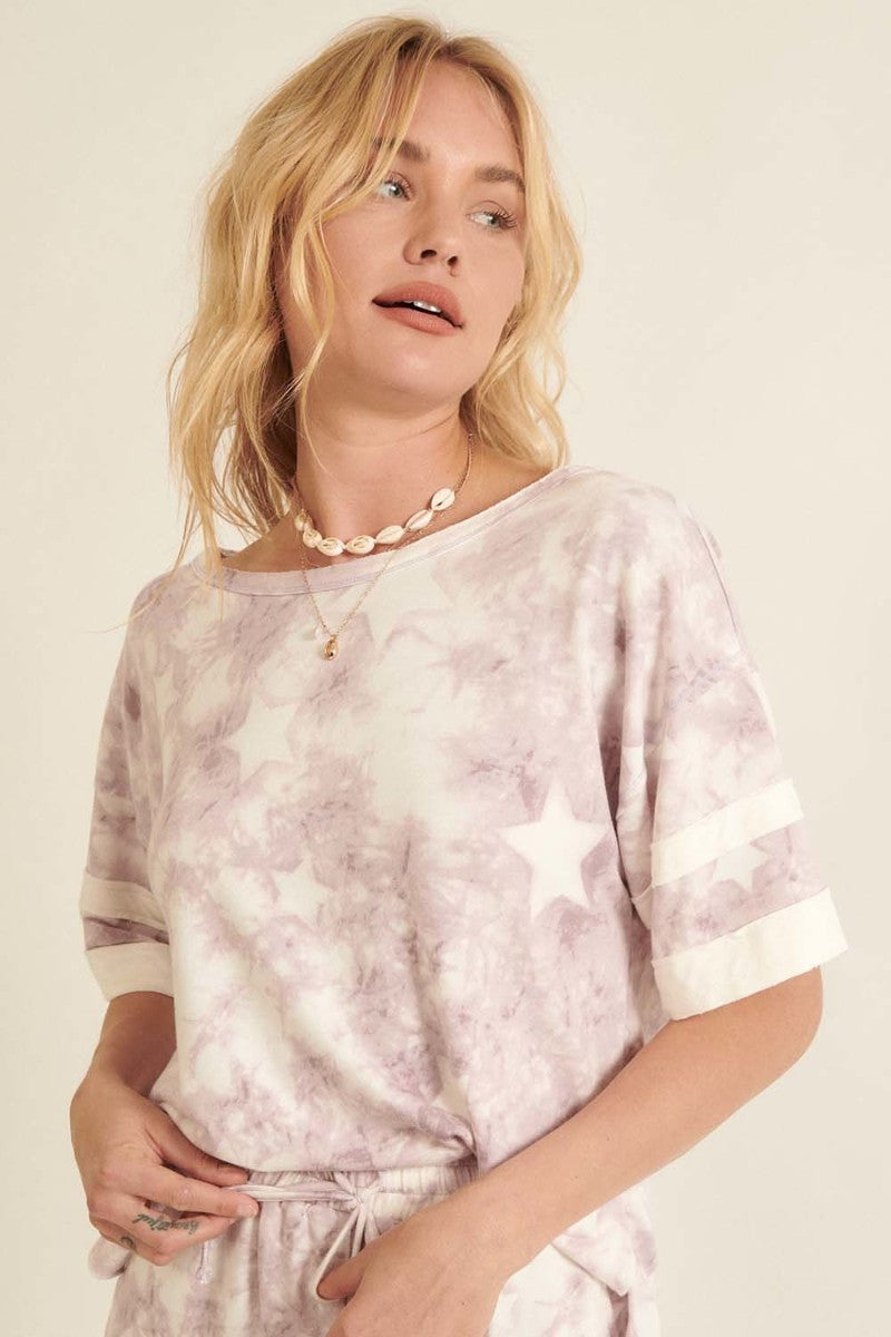 Soft Pink Star-pattern Tie-dye Knit Top