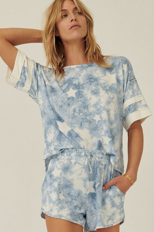 Soft Blue Star-pattern Tie-dye Knit Top