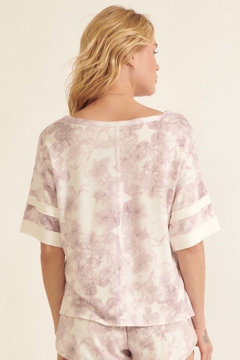 Soft Pink Star-pattern Tie-dye Knit Top