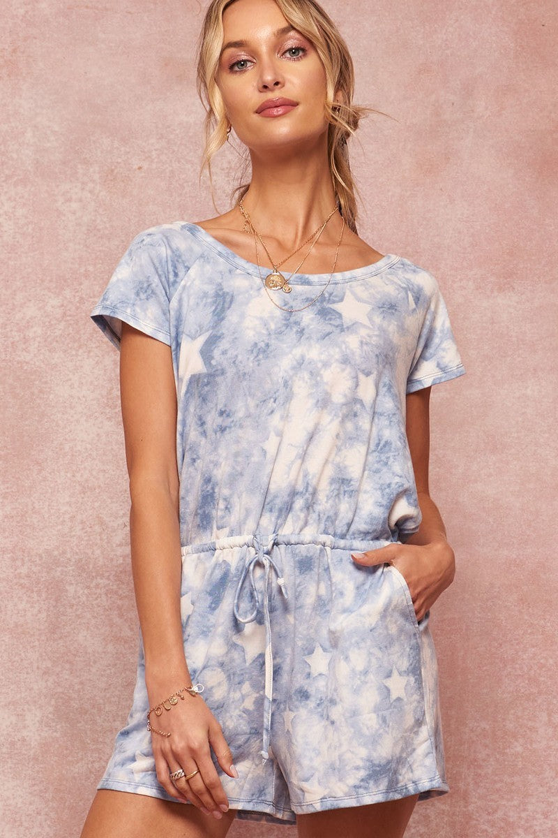 Sky Blue Star-pattern Tie-dye Knit Romper