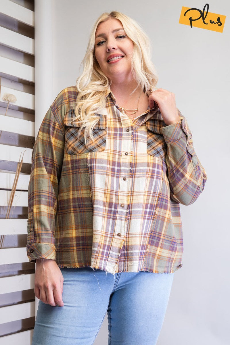 Women Plaid Mix Button Down Shirt