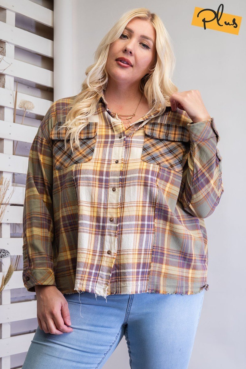 Women Plaid Mix Button Down Shirt